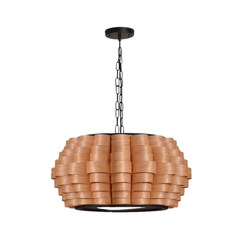 16"/19.5"/23.5" Wide Wood Barrel Shade Hanging Light Chinese Single Light Veneer Pendant Lamp for Dining Room Clearhalo 'Ceiling Lights' 'Modern Pendants' 'Modern' 'Pendant Lights' 'Pendants' Lighting' 613321