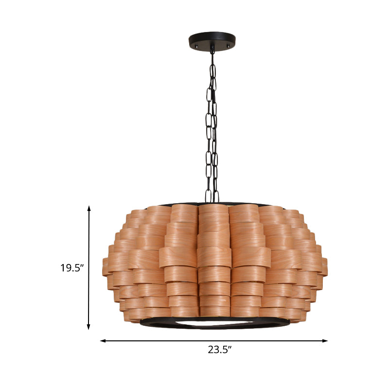 16"/19.5"/23.5" Wide Wood Barrel Shade Hanging Light Chinese Single Light Veneer Pendant Lamp for Dining Room Clearhalo 'Ceiling Lights' 'Modern Pendants' 'Modern' 'Pendant Lights' 'Pendants' Lighting' 613322