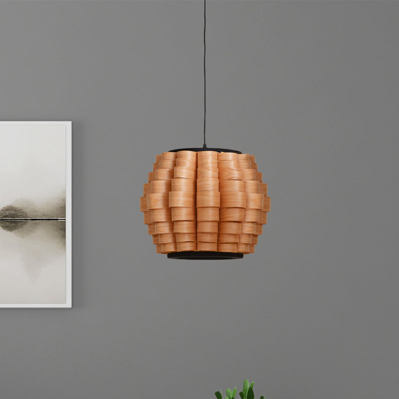 16"/19.5"/23.5" Wide Wood Barrel Shade Hanging Light Chinese Single Light Veneer Pendant Lamp for Dining Room Clearhalo 'Ceiling Lights' 'Modern Pendants' 'Modern' 'Pendant Lights' 'Pendants' Lighting' 613324