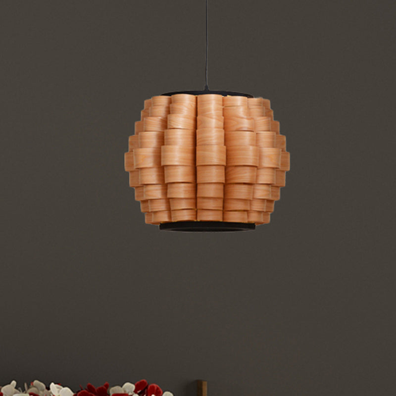 16"/19.5"/23.5" Wide Wood Barrel Shade Hanging Light Chinese Single Light Veneer Pendant Lamp for Dining Room Clearhalo 'Ceiling Lights' 'Modern Pendants' 'Modern' 'Pendant Lights' 'Pendants' Lighting' 613325