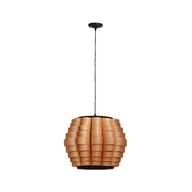 16"/19.5"/23.5" Wide Wood Barrel Shade Hanging Light Chinese Single Light Veneer Pendant Lamp for Dining Room Clearhalo 'Ceiling Lights' 'Modern Pendants' 'Modern' 'Pendant Lights' 'Pendants' Lighting' 613326