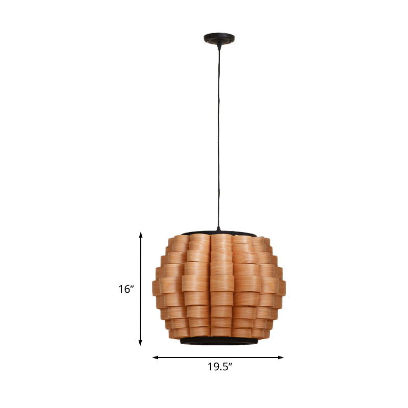 16"/19.5"/23.5" Wide Wood Barrel Shade Hanging Light Chinese Single Light Veneer Pendant Lamp for Dining Room Clearhalo 'Ceiling Lights' 'Modern Pendants' 'Modern' 'Pendant Lights' 'Pendants' Lighting' 613327