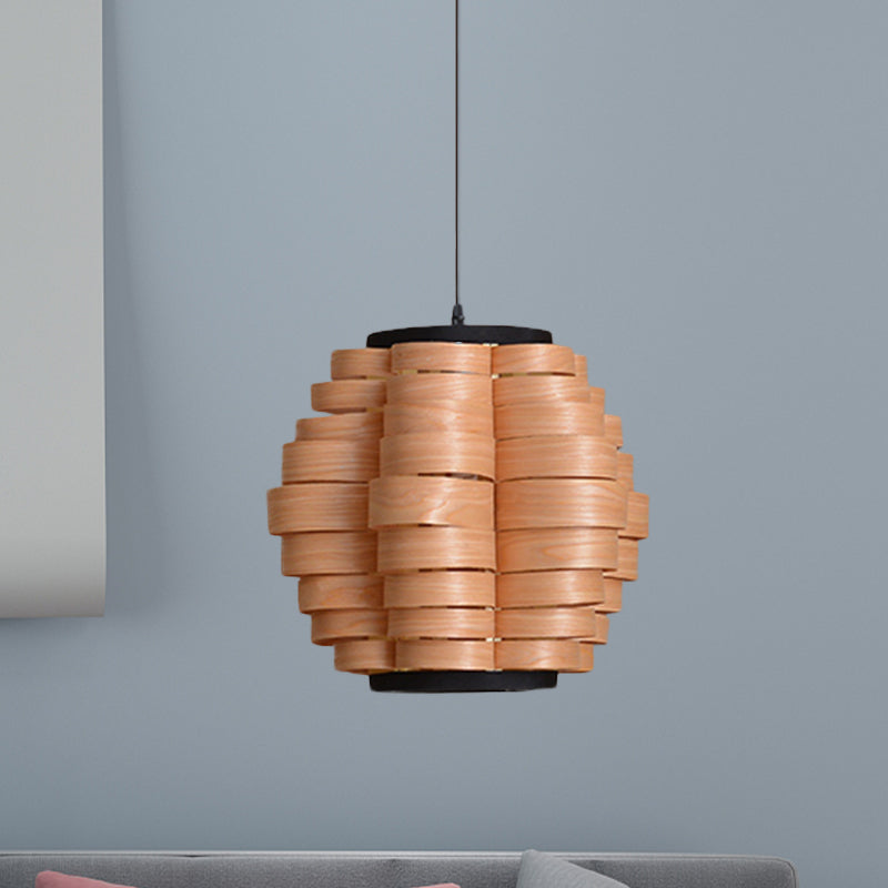 16"/19.5"/23.5" Wide Wood Barrel Shade Hanging Light Chinese Single Light Veneer Pendant Lamp for Dining Room Wood 16" Clearhalo 'Ceiling Lights' 'Modern Pendants' 'Modern' 'Pendant Lights' 'Pendants' Lighting' 613328