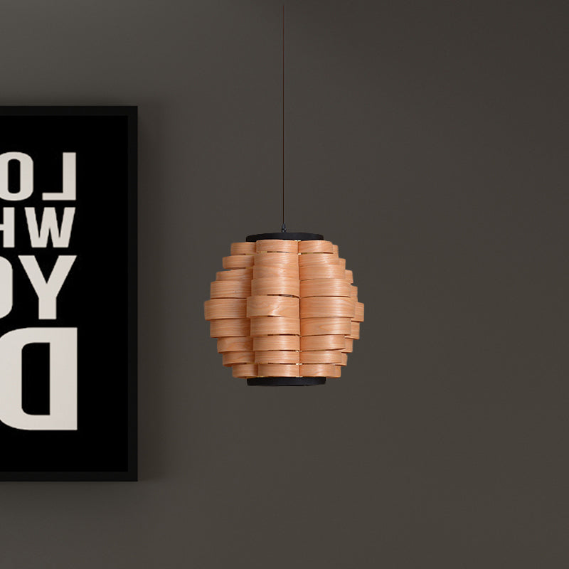 16"/19.5"/23.5" Wide Wood Barrel Shade Hanging Light Chinese Single Light Veneer Pendant Lamp for Dining Room Clearhalo 'Ceiling Lights' 'Modern Pendants' 'Modern' 'Pendant Lights' 'Pendants' Lighting' 613329