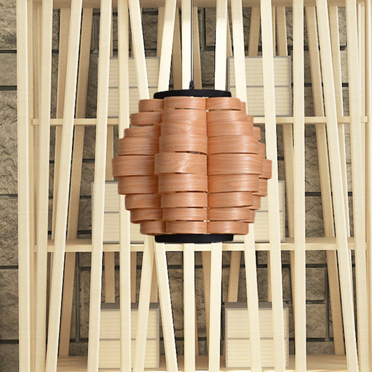 16"/19.5"/23.5" Wide Wood Barrel Shade Hanging Light Chinese Single Light Veneer Pendant Lamp for Dining Room Clearhalo 'Ceiling Lights' 'Modern Pendants' 'Modern' 'Pendant Lights' 'Pendants' Lighting' 613330