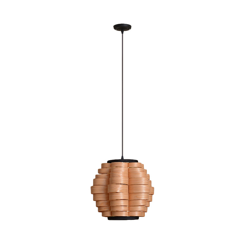 16"/19.5"/23.5" Wide Wood Barrel Shade Hanging Light Chinese Single Light Veneer Pendant Lamp for Dining Room Clearhalo 'Ceiling Lights' 'Modern Pendants' 'Modern' 'Pendant Lights' 'Pendants' Lighting' 613331