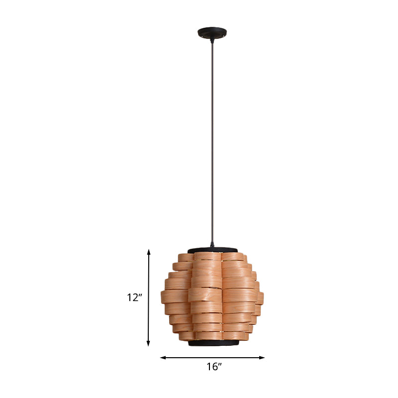 16"/19.5"/23.5" Wide Wood Barrel Shade Hanging Light Chinese Single Light Veneer Pendant Lamp for Dining Room Clearhalo 'Ceiling Lights' 'Modern Pendants' 'Modern' 'Pendant Lights' 'Pendants' Lighting' 613332