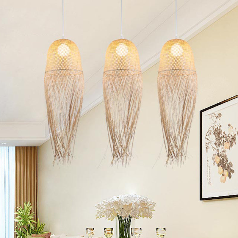 Hand-Knitted Pendant Light with Tassel Design Modern Bamboo 1 Head Beige Hanging Lamp for Dining Room Clearhalo 'Ceiling Lights' 'Pendant Lights' 'Pendants' Lighting' 613339