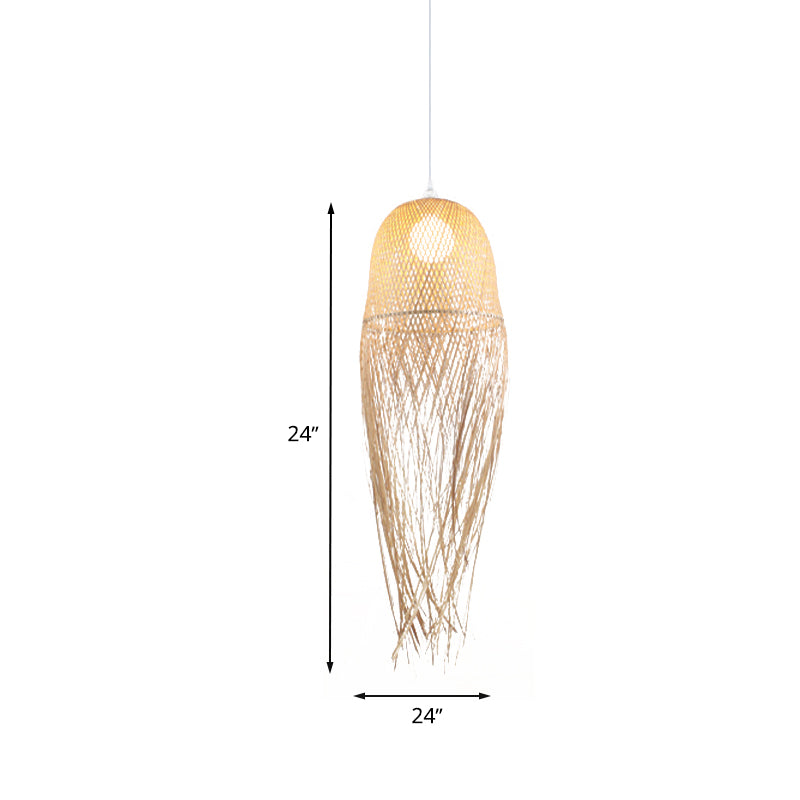 Hand-Knitted Pendant Light with Tassel Design Modern Bamboo 1 Head Beige Hanging Lamp for Dining Room Clearhalo 'Ceiling Lights' 'Pendant Lights' 'Pendants' Lighting' 613343