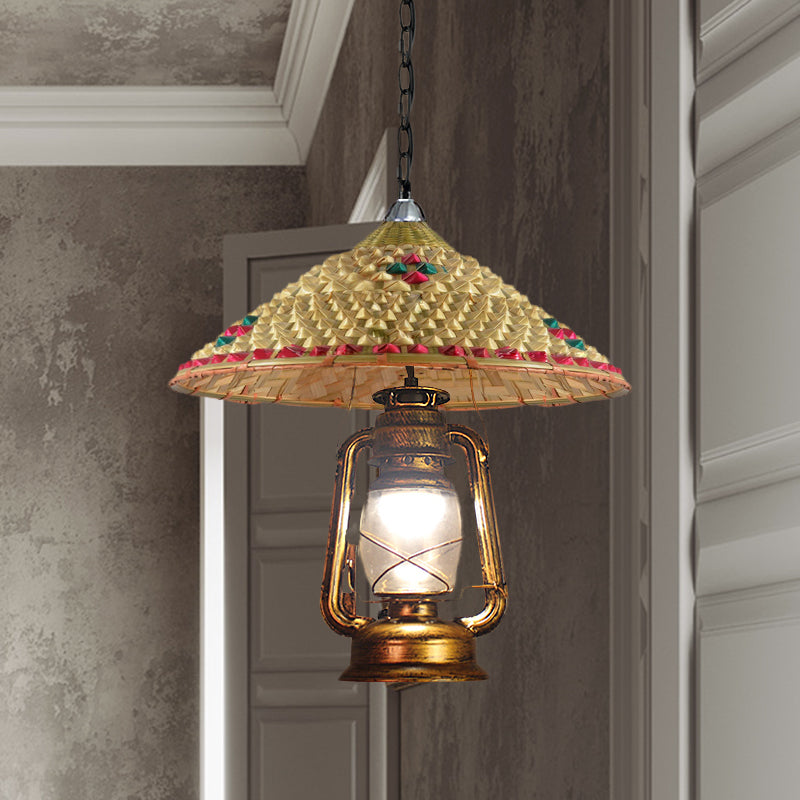 South-East Asia Hat Shaped Hanging Lamp Rattan 15"/16.5" W 1-Head Indoor Pendant Light with Lantern Shade in Beige Beige 16.5" Clearhalo 'Ceiling Lights' 'Modern Pendants' 'Modern' 'Pendant Lights' 'Pendants' Lighting' 613344