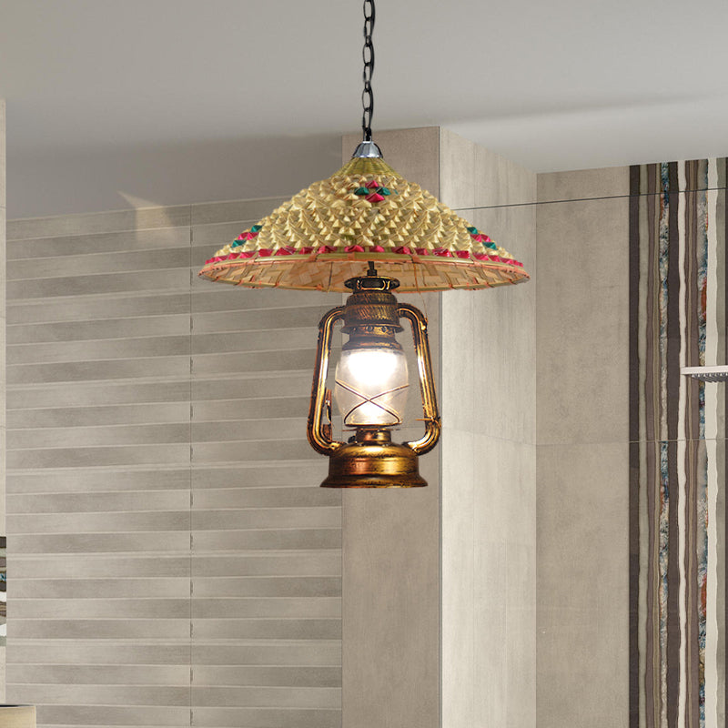 South-East Asia Hat Shaped Hanging Lamp Rattan 15"/16.5" W 1-Head Indoor Pendant Light with Lantern Shade in Beige Clearhalo 'Ceiling Lights' 'Modern Pendants' 'Modern' 'Pendant Lights' 'Pendants' Lighting' 613345