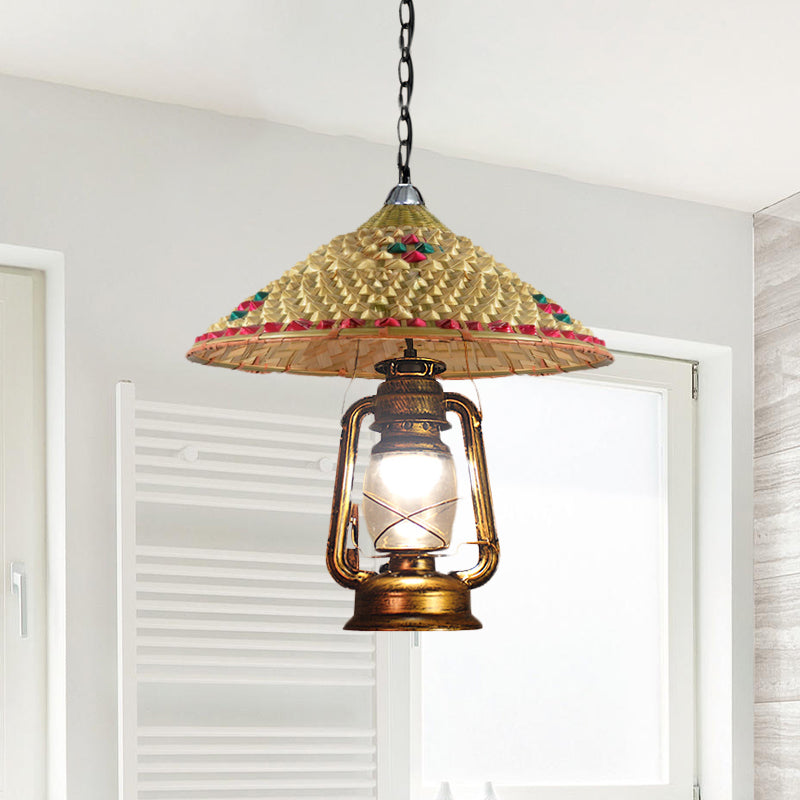 South-East Asia Hat Shaped Hanging Lamp Rattan 15"/16.5" W 1-Head Indoor Pendant Light with Lantern Shade in Beige Clearhalo 'Ceiling Lights' 'Modern Pendants' 'Modern' 'Pendant Lights' 'Pendants' Lighting' 613346