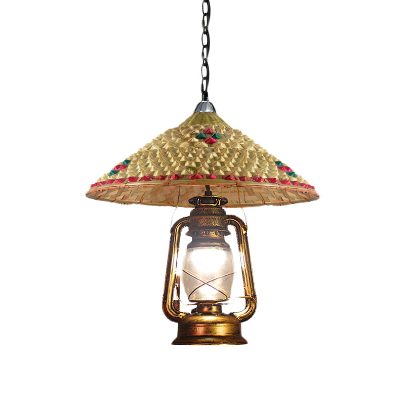 South-East Asia Hat Shaped Hanging Lamp Rattan 15"/16.5" W 1-Head Indoor Pendant Light with Lantern Shade in Beige Clearhalo 'Ceiling Lights' 'Modern Pendants' 'Modern' 'Pendant Lights' 'Pendants' Lighting' 613347