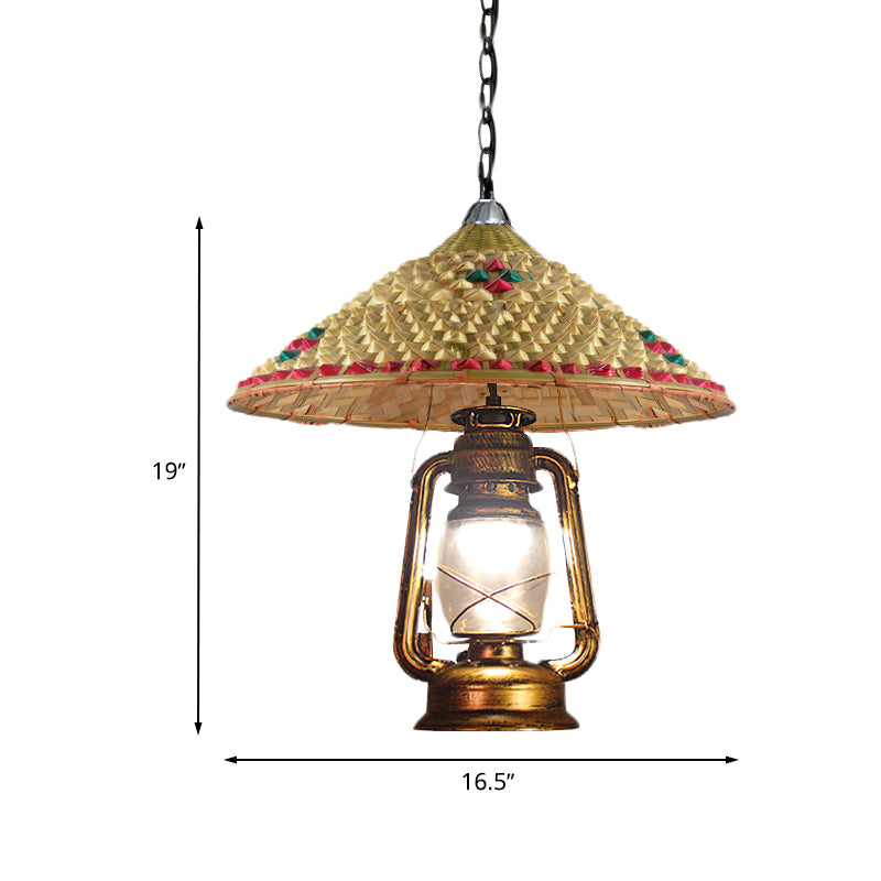 South-East Asia Hat Shaped Hanging Lamp Rattan 15"/16.5" W 1-Head Indoor Pendant Light with Lantern Shade in Beige Clearhalo 'Ceiling Lights' 'Modern Pendants' 'Modern' 'Pendant Lights' 'Pendants' Lighting' 613348