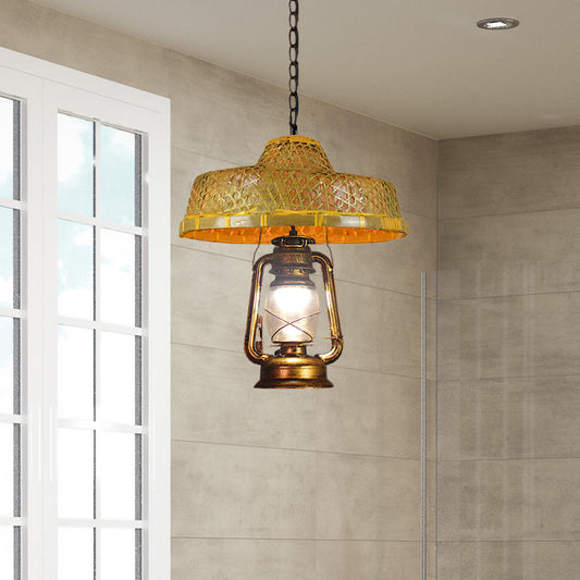 South-East Asia Hat Shaped Hanging Lamp Rattan 15"/16.5" W 1-Head Indoor Pendant Light with Lantern Shade in Beige Clearhalo 'Ceiling Lights' 'Modern Pendants' 'Modern' 'Pendant Lights' 'Pendants' Lighting' 613350