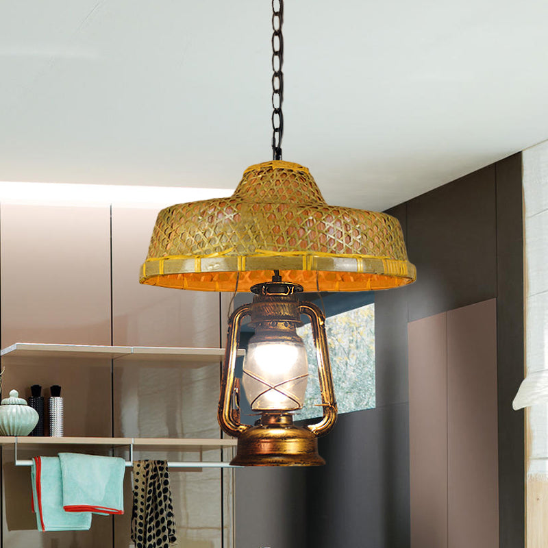 South-East Asia Hat Shaped Hanging Lamp Rattan 15"/16.5" W 1-Head Indoor Pendant Light with Lantern Shade in Beige Clearhalo 'Ceiling Lights' 'Modern Pendants' 'Modern' 'Pendant Lights' 'Pendants' Lighting' 613351