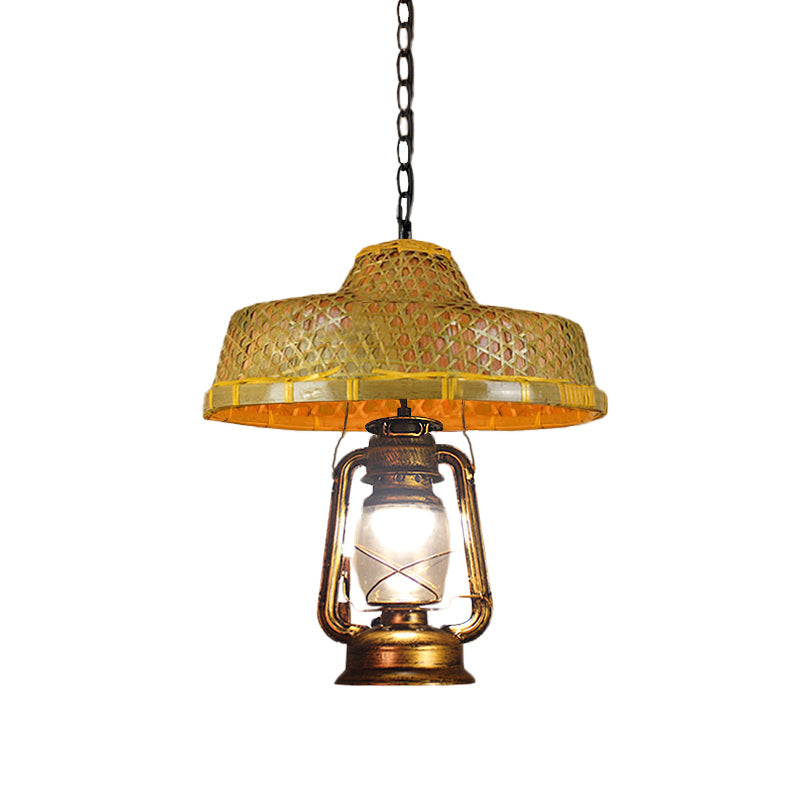 South-East Asia Hat Shaped Hanging Lamp Rattan 15"/16.5" W 1-Head Indoor Pendant Light with Lantern Shade in Beige Clearhalo 'Ceiling Lights' 'Modern Pendants' 'Modern' 'Pendant Lights' 'Pendants' Lighting' 613352