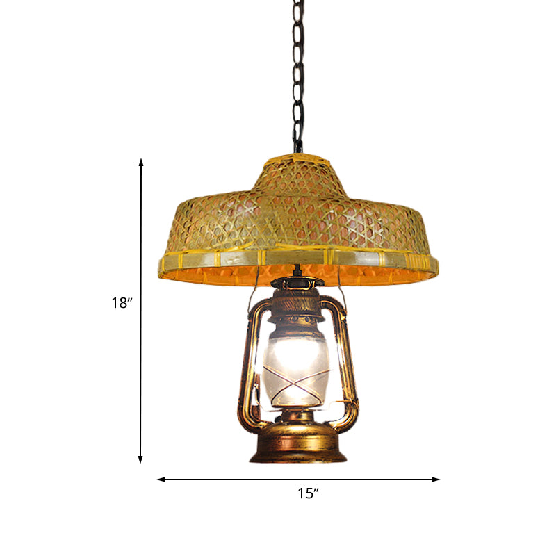 South-East Asia Hat Shaped Hanging Lamp Rattan 15"/16.5" W 1-Head Indoor Pendant Light with Lantern Shade in Beige Clearhalo 'Ceiling Lights' 'Modern Pendants' 'Modern' 'Pendant Lights' 'Pendants' Lighting' 613353