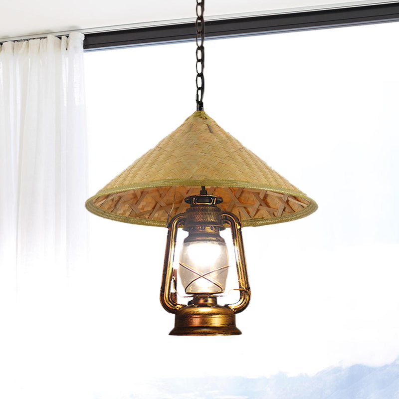 South-East Asia Hat Shaped Hanging Lamp Rattan 15"/16.5" W 1-Head Indoor Pendant Light with Lantern Shade in Beige Beige 17" Clearhalo 'Ceiling Lights' 'Modern Pendants' 'Modern' 'Pendant Lights' 'Pendants' Lighting' 613354