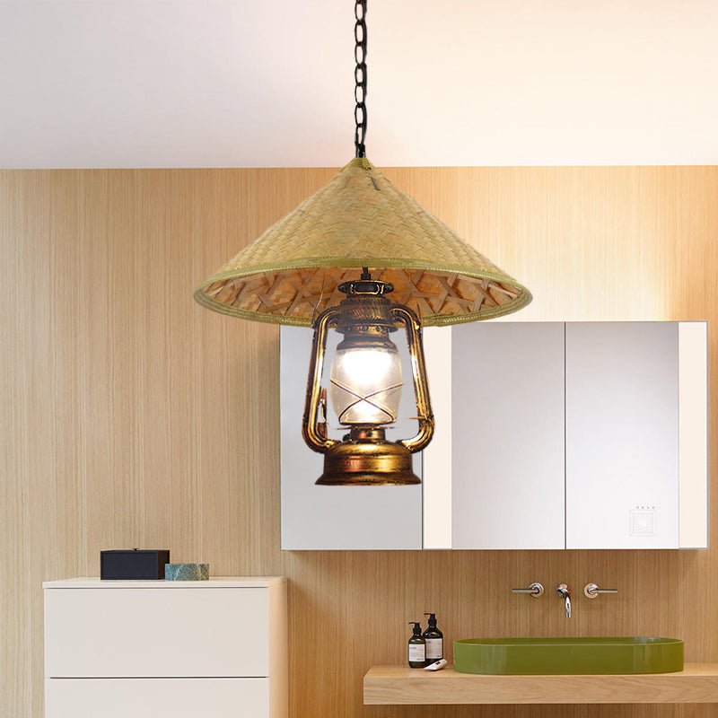 South-East Asia Hat Shaped Hanging Lamp Rattan 15"/16.5" W 1-Head Indoor Pendant Light with Lantern Shade in Beige Clearhalo 'Ceiling Lights' 'Modern Pendants' 'Modern' 'Pendant Lights' 'Pendants' Lighting' 613356