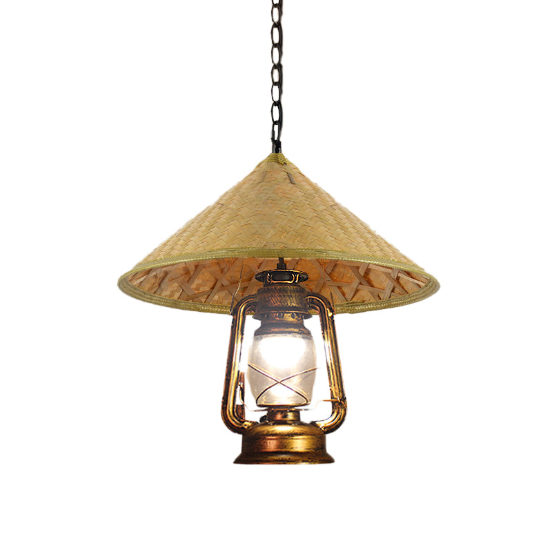 South-East Asia Hat Shaped Hanging Lamp Rattan 15"/16.5" W 1-Head Indoor Pendant Light with Lantern Shade in Beige Clearhalo 'Ceiling Lights' 'Modern Pendants' 'Modern' 'Pendant Lights' 'Pendants' Lighting' 613357