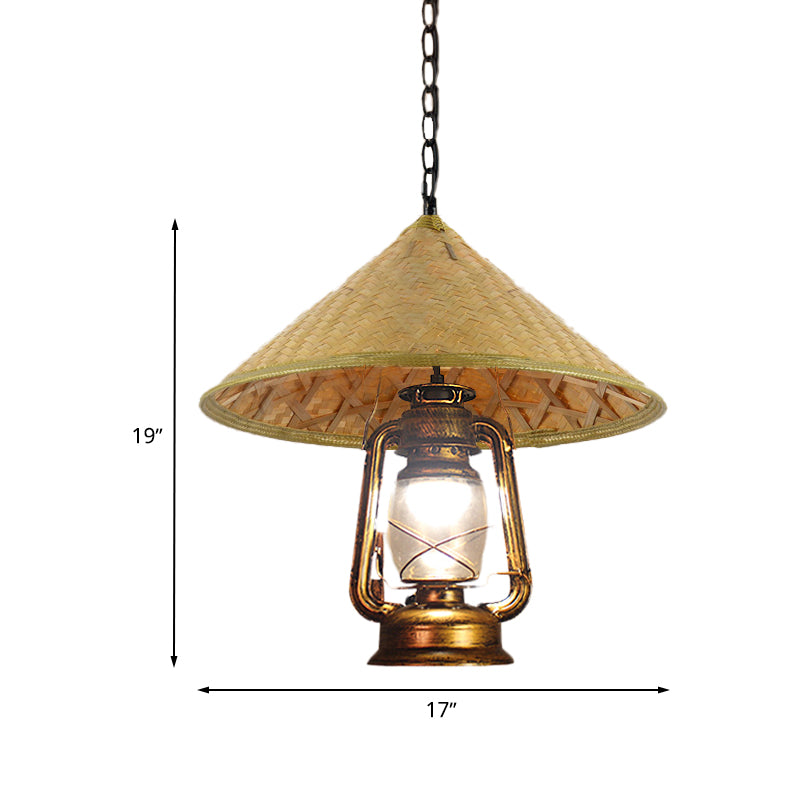 South-East Asia Hat Shaped Hanging Lamp Rattan 15"/16.5" W 1-Head Indoor Pendant Light with Lantern Shade in Beige Clearhalo 'Ceiling Lights' 'Modern Pendants' 'Modern' 'Pendant Lights' 'Pendants' Lighting' 613358