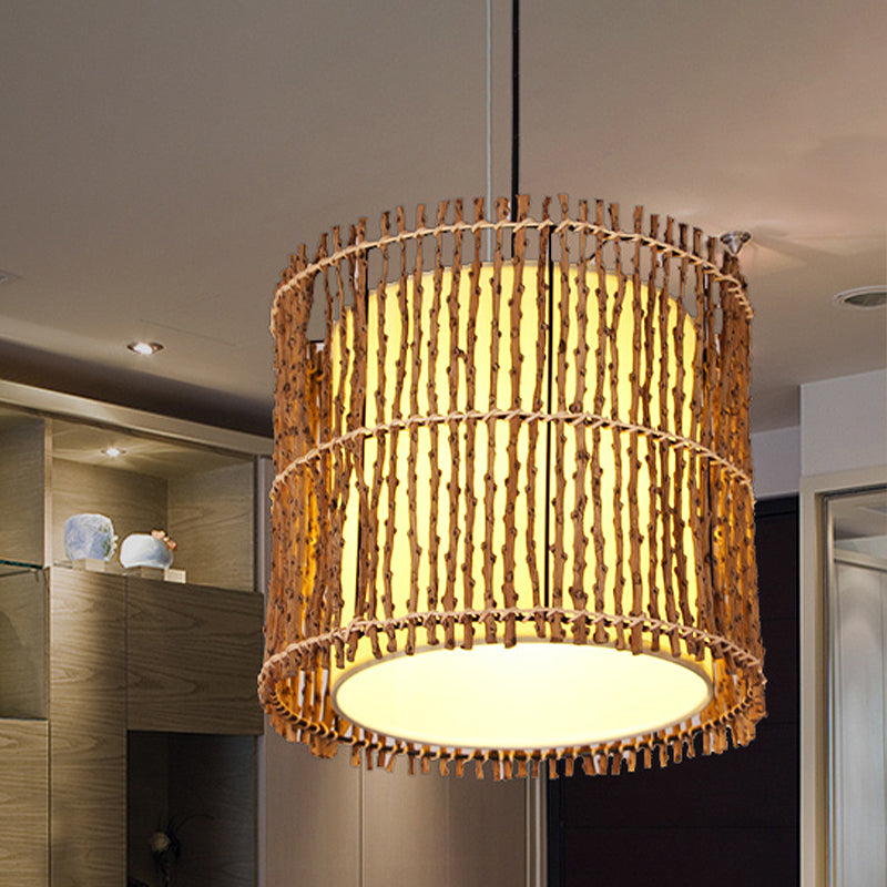 Hand-Woven Rattan Cylinder Drop Pendant Chinese 1 Light Beige Hanging Ceiling Light for Restaurant Bedroom Clearhalo 'Ceiling Lights' 'Pendant Lights' 'Pendants' Lighting' 613359