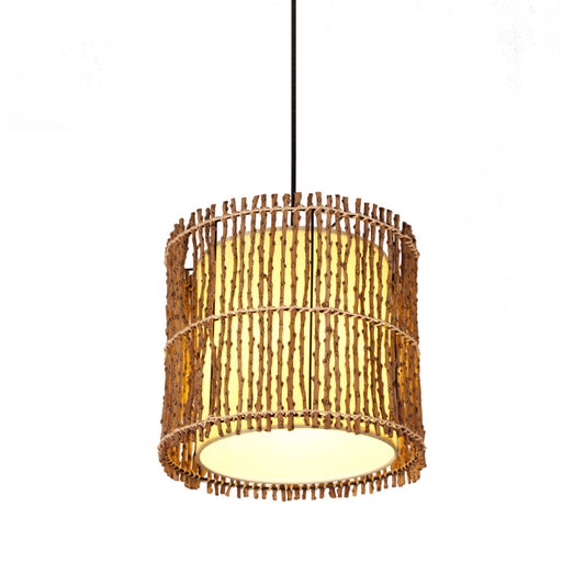 Hand-Woven Rattan Cylinder Drop Pendant Chinese 1 Light Beige Hanging Ceiling Light for Restaurant Bedroom Clearhalo 'Ceiling Lights' 'Pendant Lights' 'Pendants' Lighting' 613362