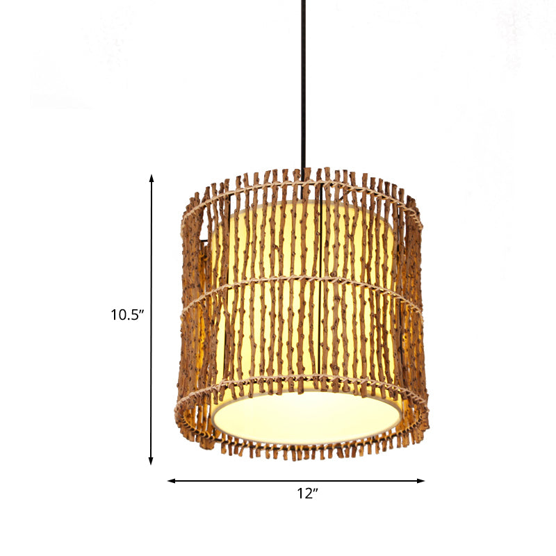 Hand-Woven Rattan Cylinder Drop Pendant Chinese 1 Light Beige Hanging Ceiling Light for Restaurant Bedroom Clearhalo 'Ceiling Lights' 'Pendant Lights' 'Pendants' Lighting' 613363