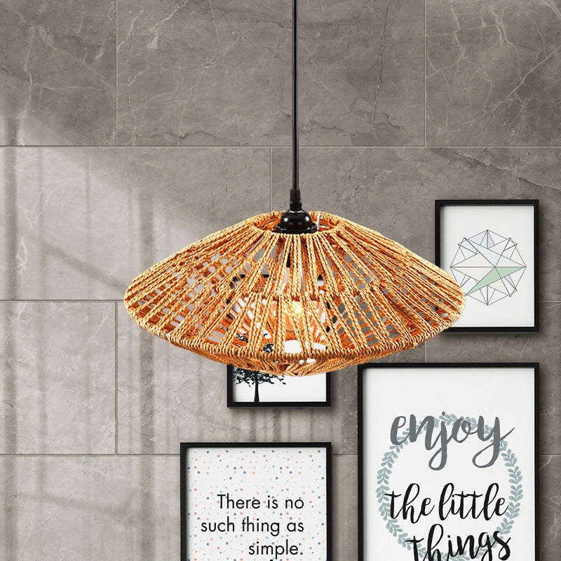 Asian Style Flying Saucer Hanging Light Fixture Rattan 1 Light Restaurant Pendant Lamp in Beige Clearhalo 'Ceiling Lights' 'Pendant Lights' 'Pendants' Lighting' 613370