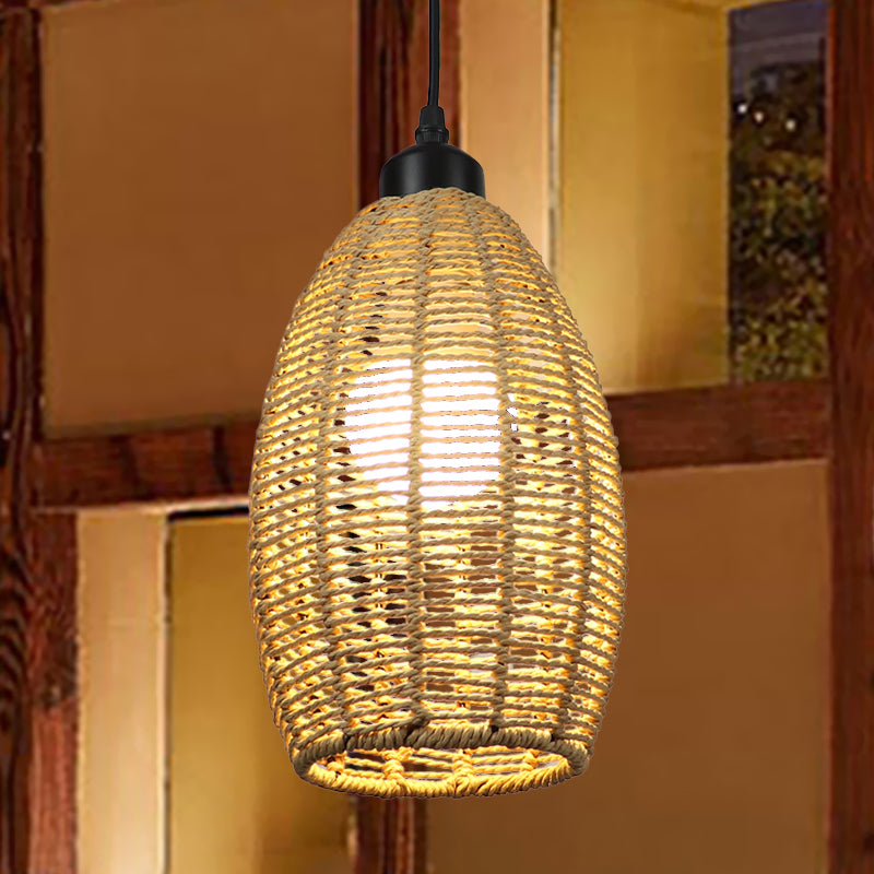 1/3-Light Restaurant Hanging Pendant Light with Oval Rattan Shade Asian Style Beige Ceiling Lamp, Round/Linear Canopy 1 Beige Round Clearhalo 'Ceiling Lights' 'Pendant Lights' 'Pendants' Lighting' 613374_c3887bc1-db80-44e5-baa9-53339c3475c0