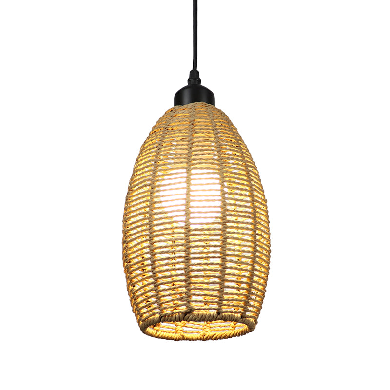 1/3-Light Restaurant Hanging Pendant Light with Oval Rattan Shade Asian Style Beige Ceiling Lamp, Round/Linear Canopy Clearhalo 'Ceiling Lights' 'Pendant Lights' 'Pendants' Lighting' 613377