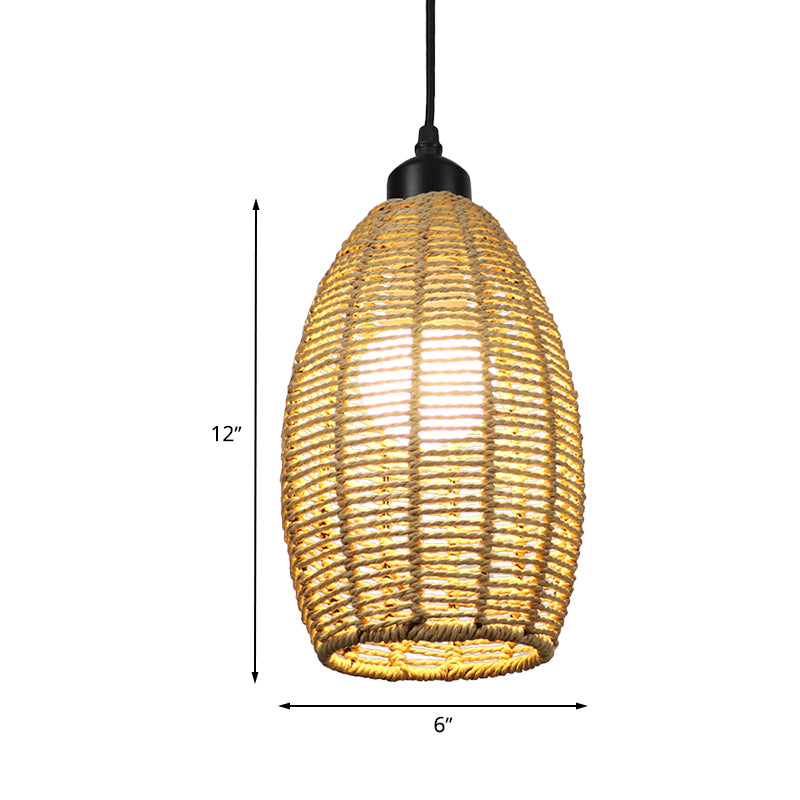 1/3-Light Restaurant Hanging Pendant Light with Oval Rattan Shade Asian Style Beige Ceiling Lamp, Round/Linear Canopy Clearhalo 'Ceiling Lights' 'Pendant Lights' 'Pendants' Lighting' 613378