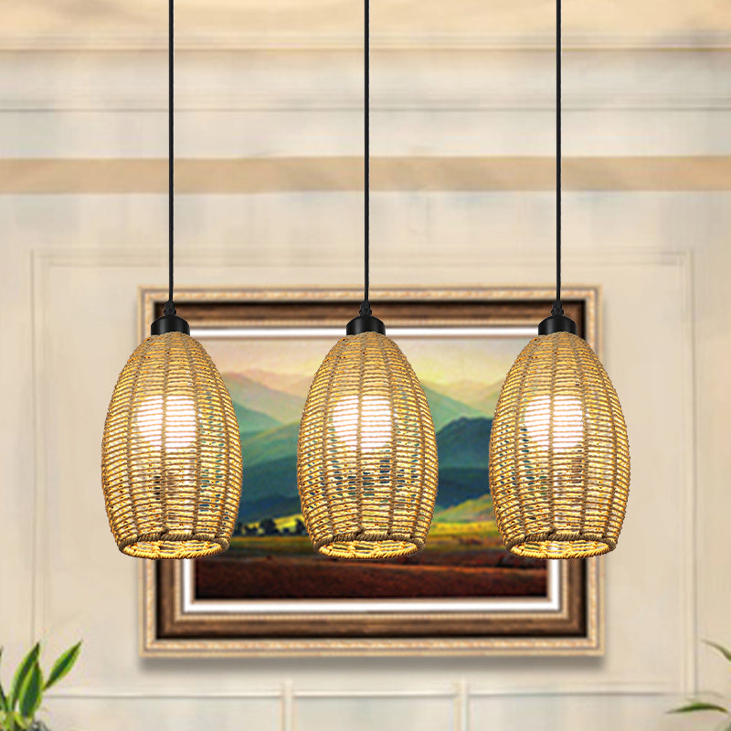 1/3-Light Restaurant Hanging Pendant Light with Oval Rattan Shade Asian Style Beige Ceiling Lamp, Round/Linear Canopy Clearhalo 'Ceiling Lights' 'Pendant Lights' 'Pendants' Lighting' 613379