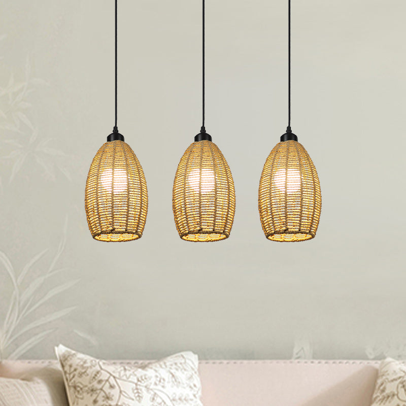 1/3-Light Restaurant Hanging Pendant Light with Oval Rattan Shade Asian Style Beige Ceiling Lamp, Round/Linear Canopy Clearhalo 'Ceiling Lights' 'Pendant Lights' 'Pendants' Lighting' 613380