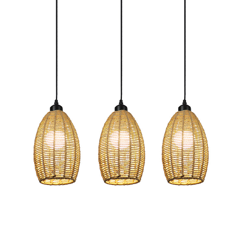 1/3-Light Restaurant Hanging Pendant Light with Oval Rattan Shade Asian Style Beige Ceiling Lamp, Round/Linear Canopy Clearhalo 'Ceiling Lights' 'Pendant Lights' 'Pendants' Lighting' 613382