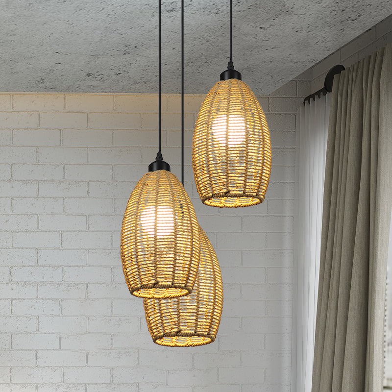 1/3-Light Restaurant Hanging Pendant Light with Oval Rattan Shade Asian Style Beige Ceiling Lamp, Round/Linear Canopy Clearhalo 'Ceiling Lights' 'Pendant Lights' 'Pendants' Lighting' 613386