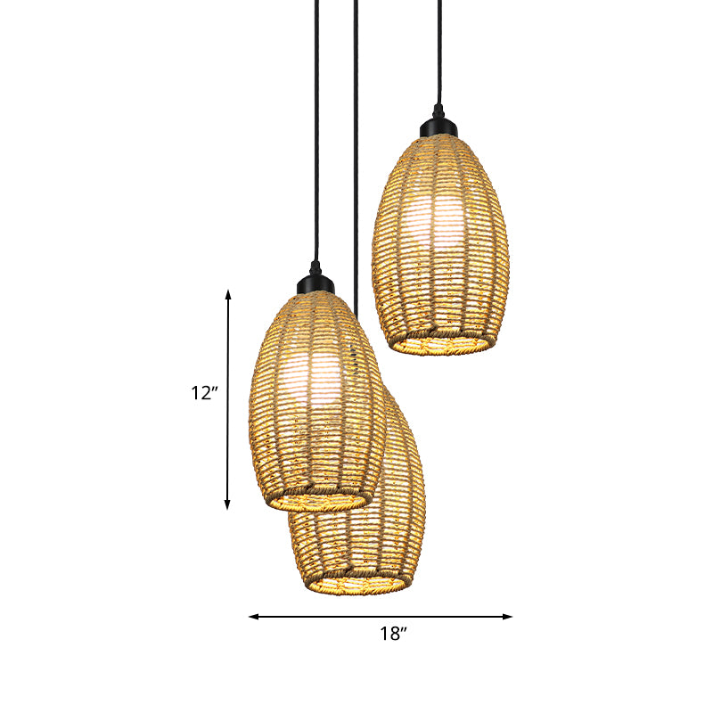 1/3-Light Restaurant Hanging Pendant Light with Oval Rattan Shade Asian Style Beige Ceiling Lamp, Round/Linear Canopy Clearhalo 'Ceiling Lights' 'Pendant Lights' 'Pendants' Lighting' 613388