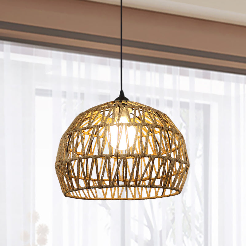 1/3-Bulb Corridor Hanging Light Fixture with Domed Rattan Shade Black/Beige Suspended Lamp Clearhalo 'Ceiling Lights' 'Pendant Lights' 'Pendants' Lighting' 613389