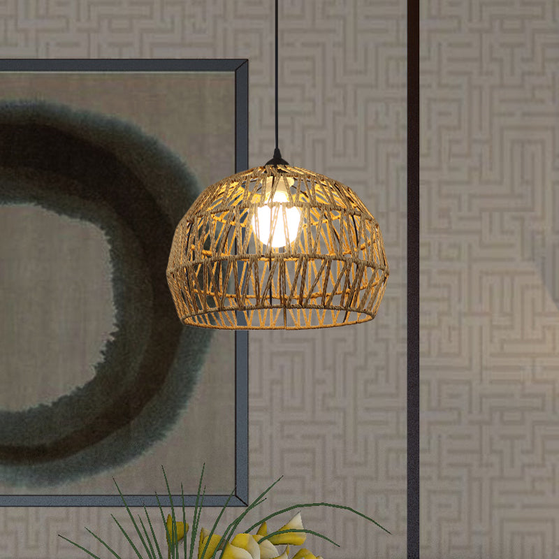 1/3-Bulb Corridor Hanging Light Fixture with Domed Rattan Shade Black/Beige Suspended Lamp Clearhalo 'Ceiling Lights' 'Pendant Lights' 'Pendants' Lighting' 613390