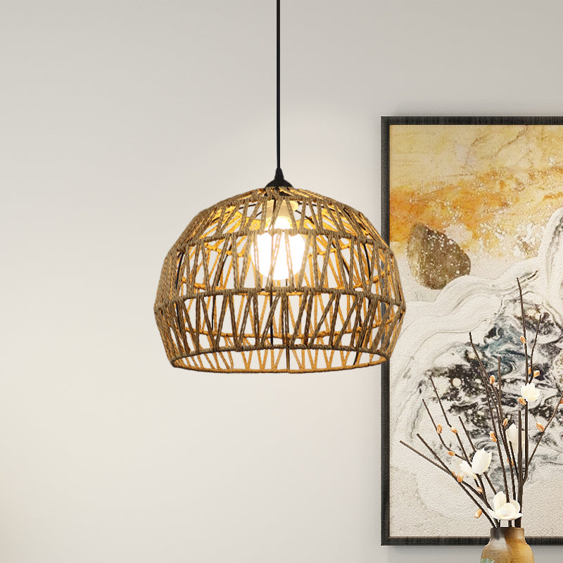 1/3-Bulb Corridor Hanging Light Fixture with Domed Rattan Shade Black/Beige Suspended Lamp Clearhalo 'Ceiling Lights' 'Pendant Lights' 'Pendants' Lighting' 613391