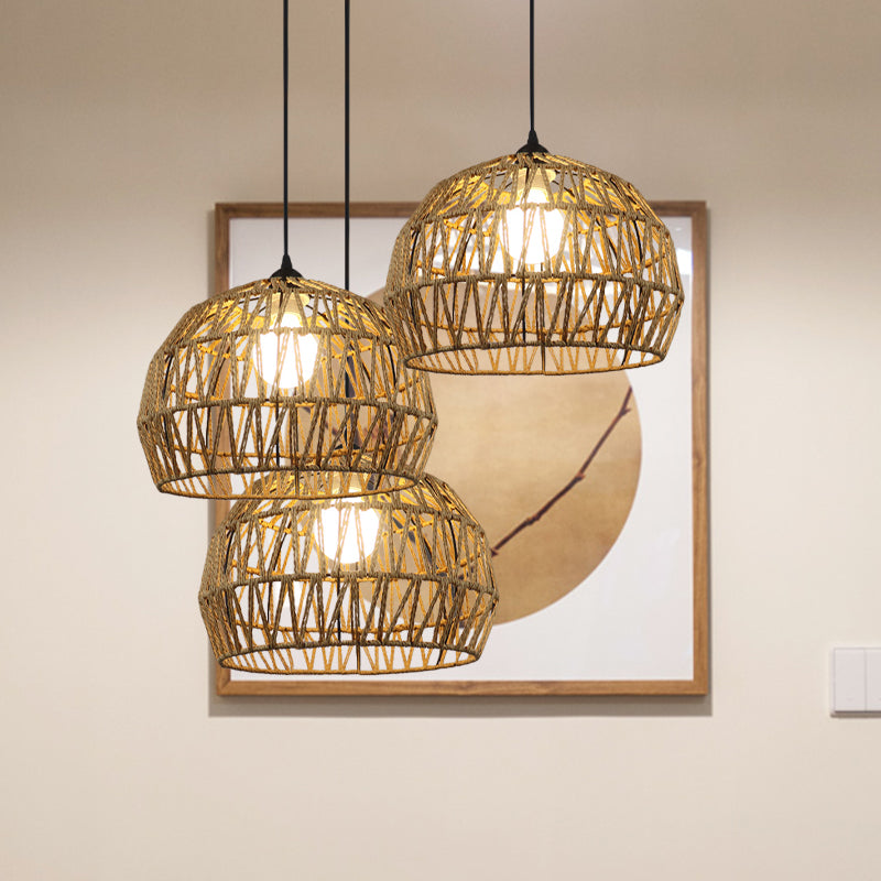 1/3-Bulb Corridor Hanging Light Fixture with Domed Rattan Shade Black/Beige Suspended Lamp 3 Beige Clearhalo 'Ceiling Lights' 'Pendant Lights' 'Pendants' Lighting' 613394_5596c7bf-f9db-4dbe-8439-7c1d7ab455b2