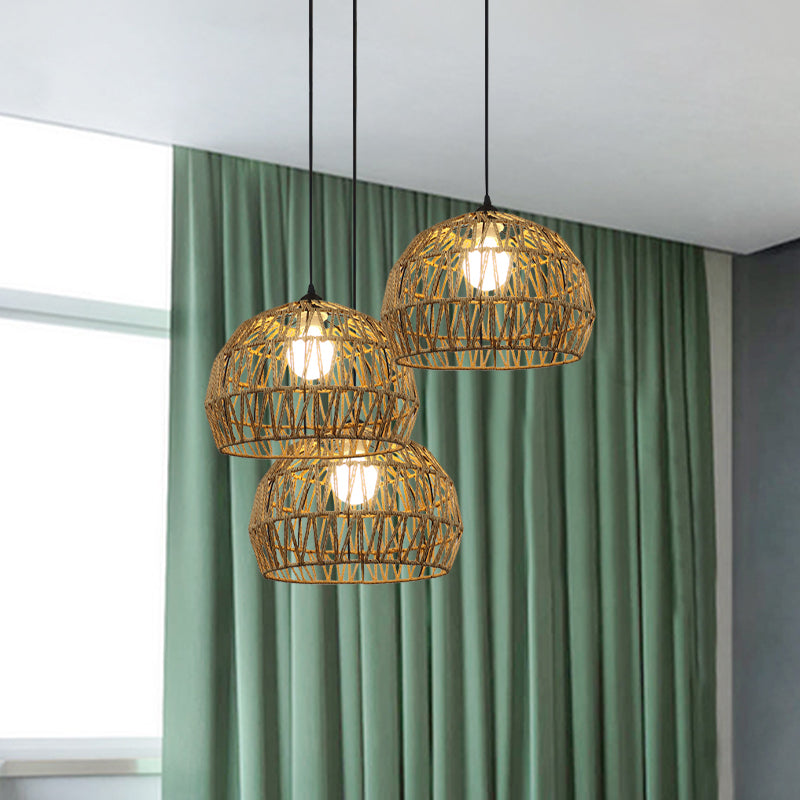 1/3-Bulb Corridor Hanging Light Fixture with Domed Rattan Shade Black/Beige Suspended Lamp Clearhalo 'Ceiling Lights' 'Pendant Lights' 'Pendants' Lighting' 613395