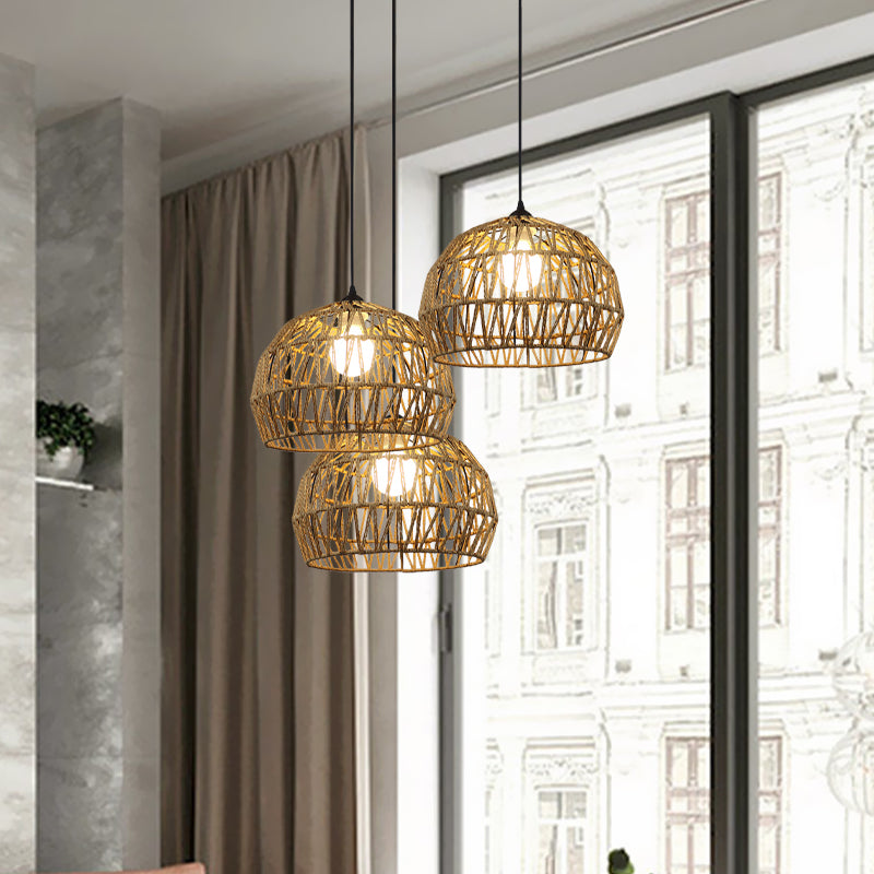 1/3-Bulb Corridor Hanging Light Fixture with Domed Rattan Shade Black/Beige Suspended Lamp Clearhalo 'Ceiling Lights' 'Pendant Lights' 'Pendants' Lighting' 613396