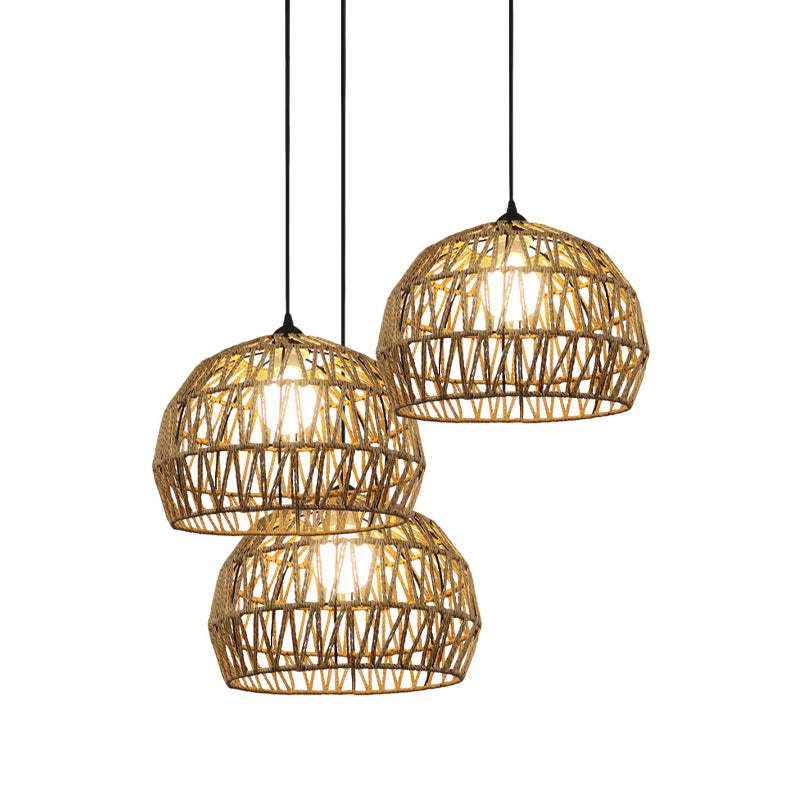 1/3-Bulb Corridor Hanging Light Fixture with Domed Rattan Shade Black/Beige Suspended Lamp Clearhalo 'Ceiling Lights' 'Pendant Lights' 'Pendants' Lighting' 613397