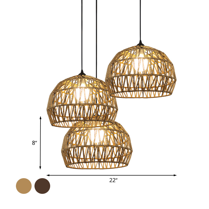 1/3-Bulb Corridor Hanging Light Fixture with Domed Rattan Shade Black/Beige Suspended Lamp Clearhalo 'Ceiling Lights' 'Pendant Lights' 'Pendants' Lighting' 613398