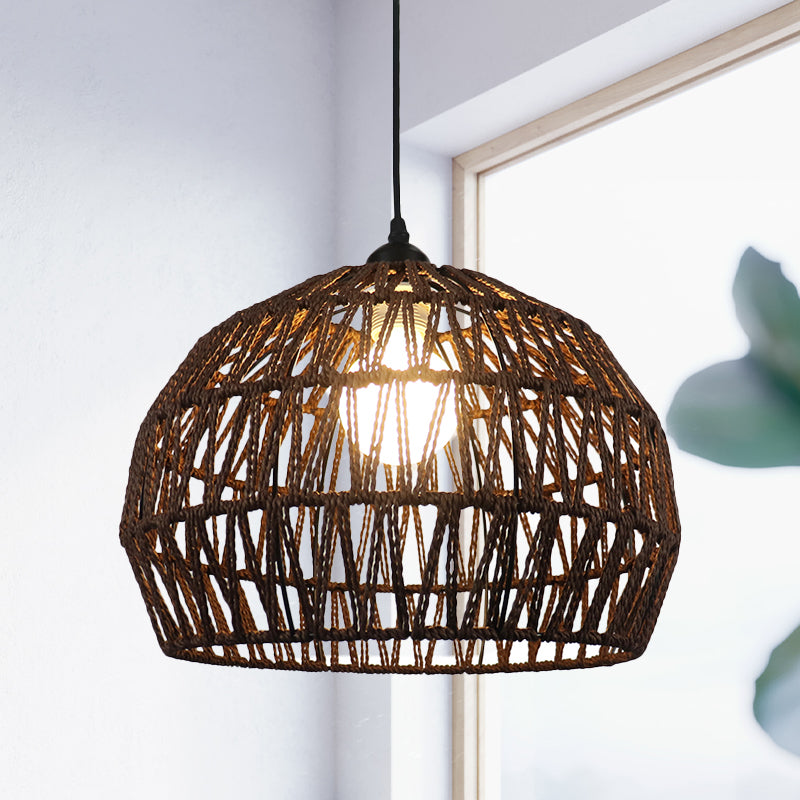 1/3-Bulb Corridor Hanging Light Fixture with Domed Rattan Shade Black/Beige Suspended Lamp Clearhalo 'Ceiling Lights' 'Pendant Lights' 'Pendants' Lighting' 613399