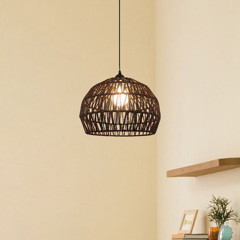 1/3-Bulb Corridor Hanging Light Fixture with Domed Rattan Shade Black/Beige Suspended Lamp Clearhalo 'Ceiling Lights' 'Pendant Lights' 'Pendants' Lighting' 613400