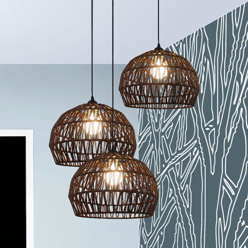 1/3-Bulb Corridor Hanging Light Fixture with Domed Rattan Shade Black/Beige Suspended Lamp 3 Black Clearhalo 'Ceiling Lights' 'Pendant Lights' 'Pendants' Lighting' 613403_83ad392f-1865-457d-82b9-4e4cc1d50068