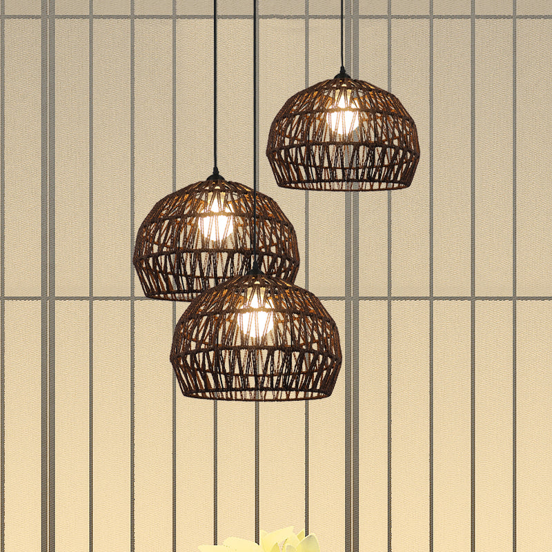 1/3-Bulb Corridor Hanging Light Fixture with Domed Rattan Shade Black/Beige Suspended Lamp Clearhalo 'Ceiling Lights' 'Pendant Lights' 'Pendants' Lighting' 613404